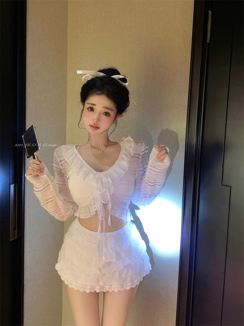 法式温柔荷叶边系带蕾丝拼接小个子衬衫上衣+甜辣妹小个子蛋糕裙