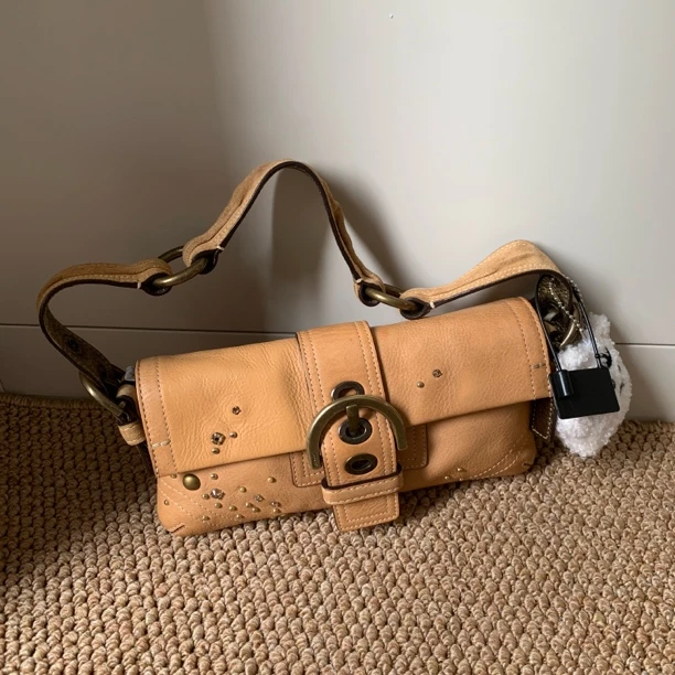 95新 COACH/蔻驰 经典时尚全皮奶茶色施华洛世奇联名单肩法棍包