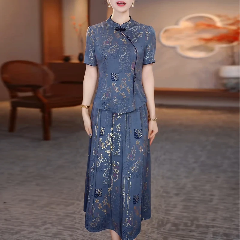 洋气国风两件套连衣裙2025年夏季新款遮肚显廋时尚旗袍半身裙套装