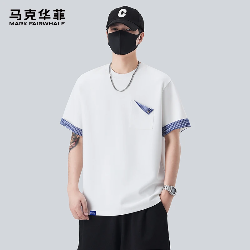 MARK FAIRWHALE/马克华菲简约老钱风格纹拼接口袋男士上衣短袖T恤
