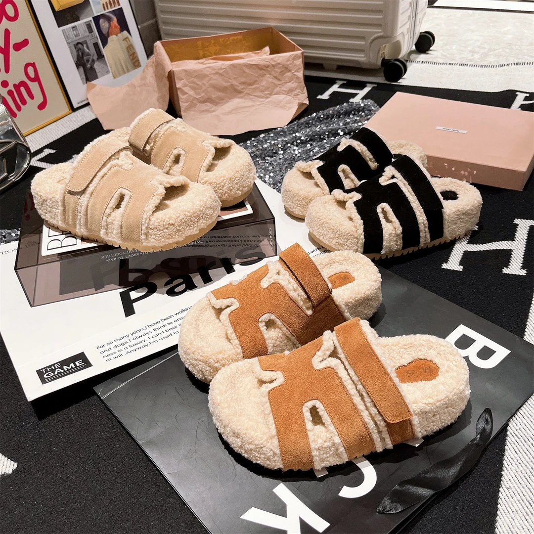 欧洲站2025新款毛毛鞋女外穿厚底松糕5cm一字拖网红爆款二舅拖鞋