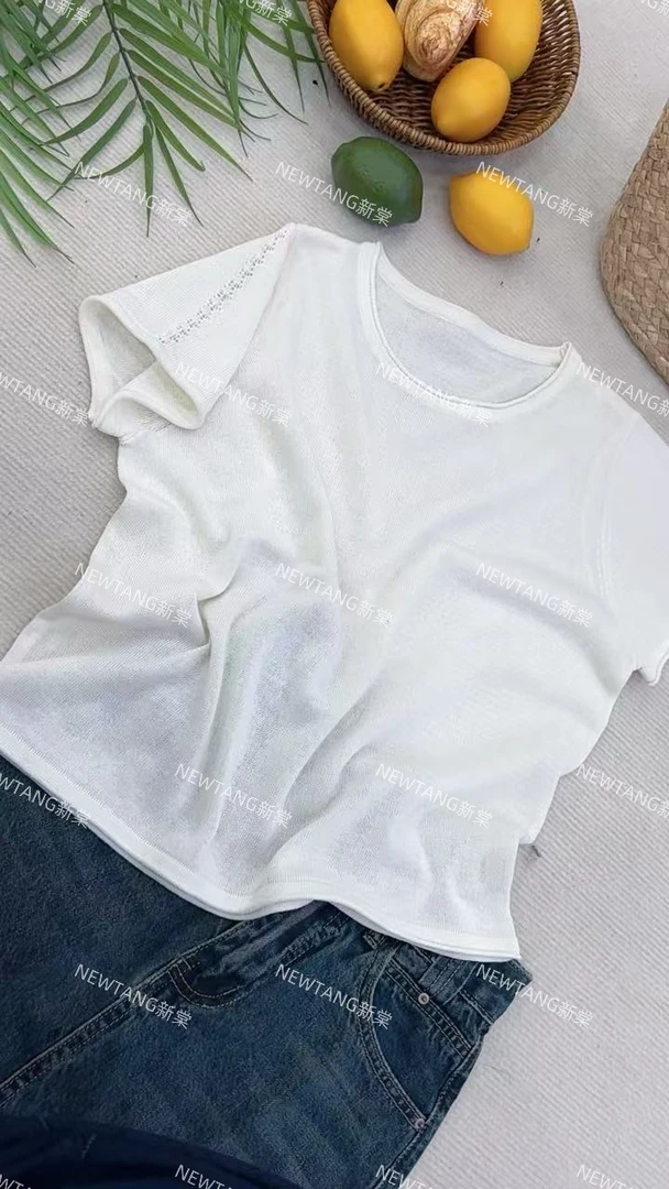 【纯色肩镂空】243气质圆领卷边肩镂空极简风短袖