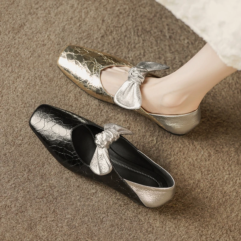 3cm/羊皮/高级感真皮低跟单鞋女法式优雅方头蝴蝶结浅口软底软面