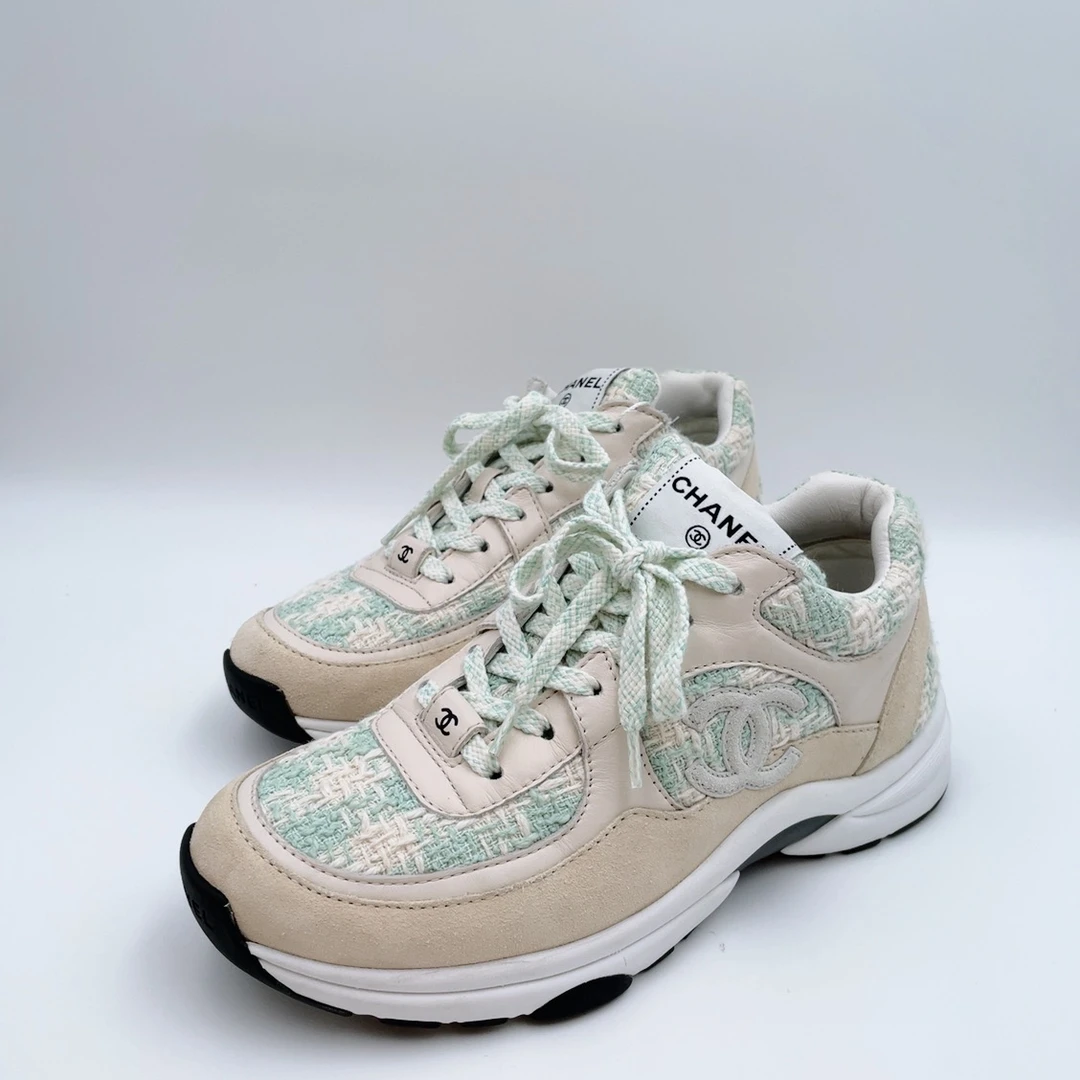 95新 Chanel/香奈儿 37码薄荷绿编织运动鞋my486