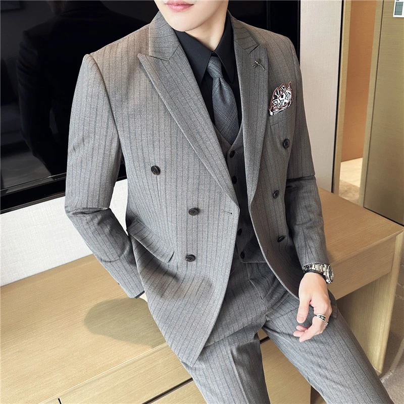 CATIA SELI高端条纹双排扣新郎礼服套装男士戗驳领轻奢西装三件套