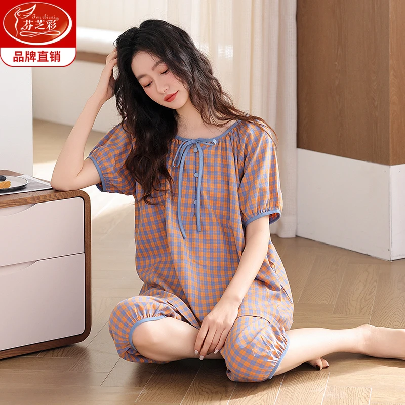 睡衣女夏季薄款梭织纯棉短袖七分裤可外穿高端全棉纱布家居服套装