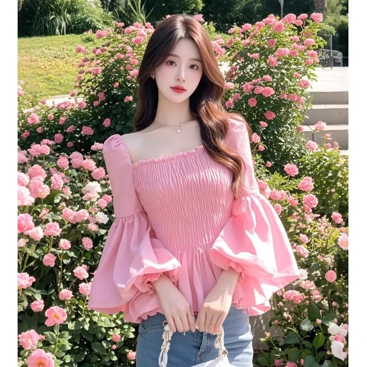 粉色抽褶灯笼袖独特衬衫女春季2025新款方领法式漂亮别致好看上衣