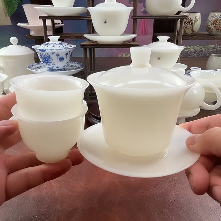 隐唐窑/璞玉素烧自生釉中厚胎150ml马蹄盖碗送2杯