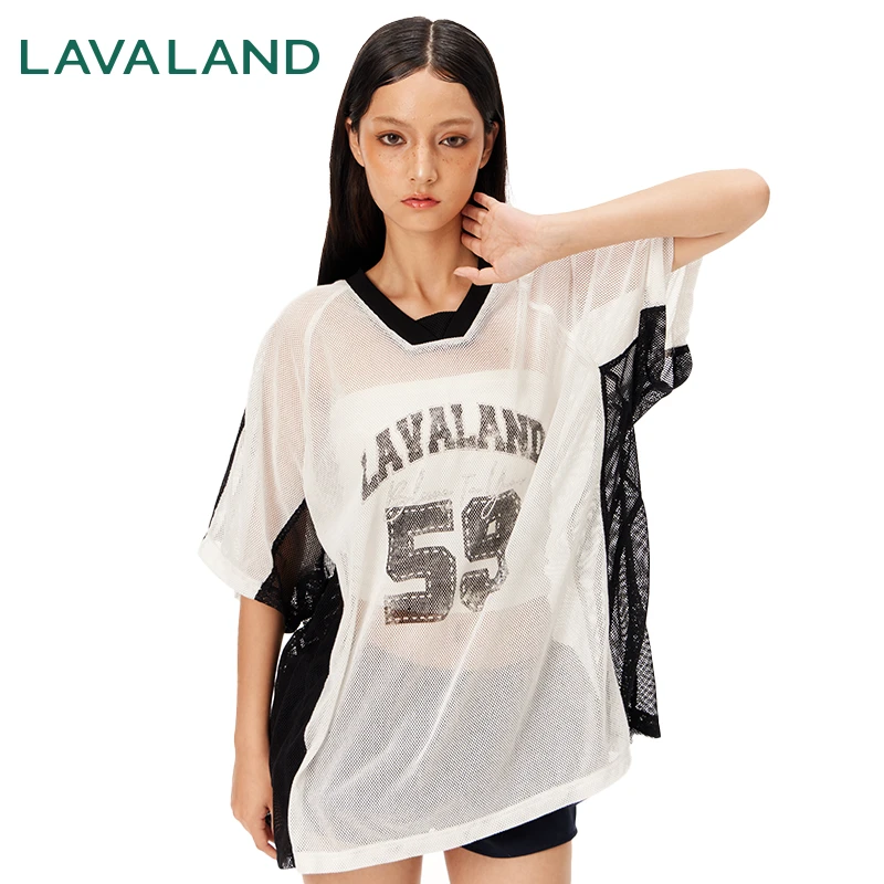 LAVA LAND【阿达娃同款】网面涂鸦美式V领拼色透气短袖T恤罩衫