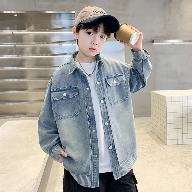 儿童装男童秋装外套2025新款中大童秋季衬衫男孩春秋款牛仔帅气潮