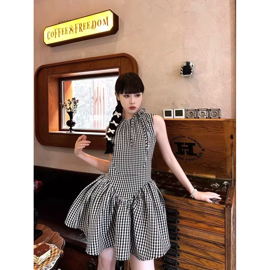 带安全裤！田曦薇同款黑白格吊带连衣裙女夏季收腰公主蓬蓬裙短裙
