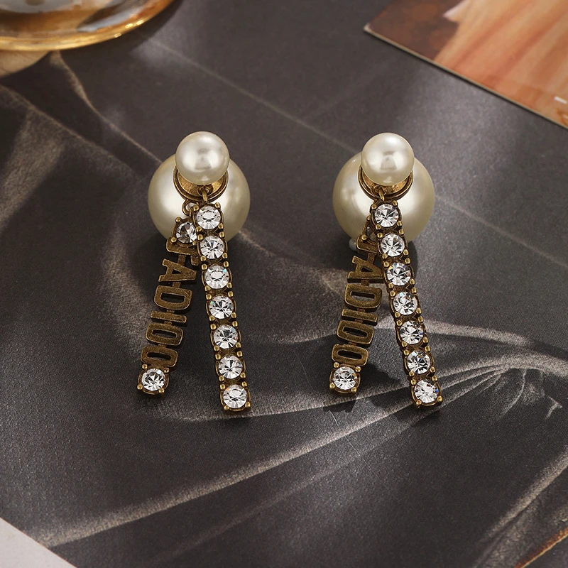 铜合金仿珍珠耳饰 QIAN XI S925银针 法式耳环复古做旧两戴耳环