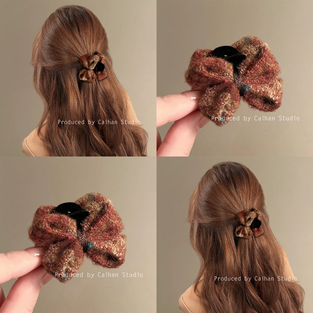 珊瑚花岛~秋冬毛呢蝴蝶结发夹后脑勺新款半扎发精致小抓夹盘发器