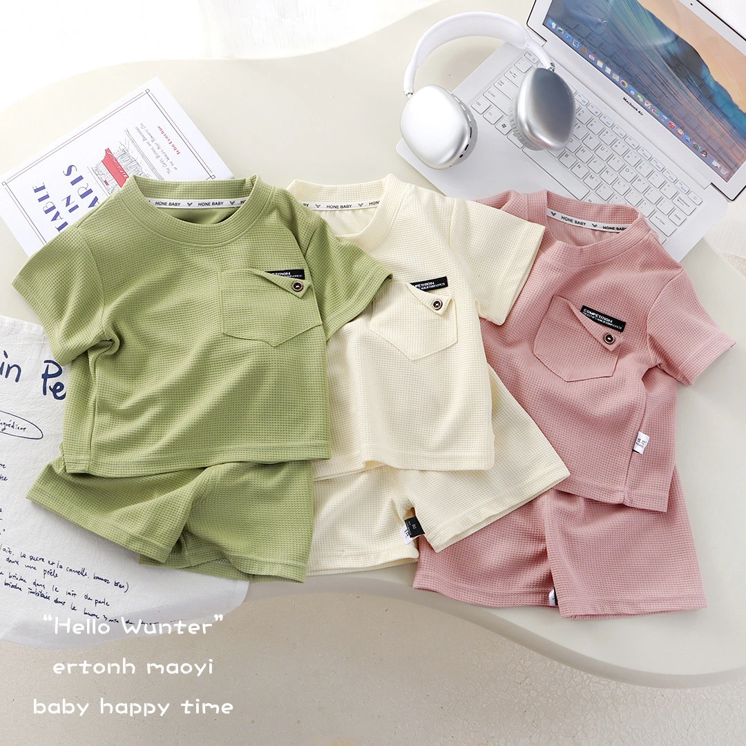 新款儿童华夫格短袖套装夏季男女童休闲洋气运动装清新薄款两件D