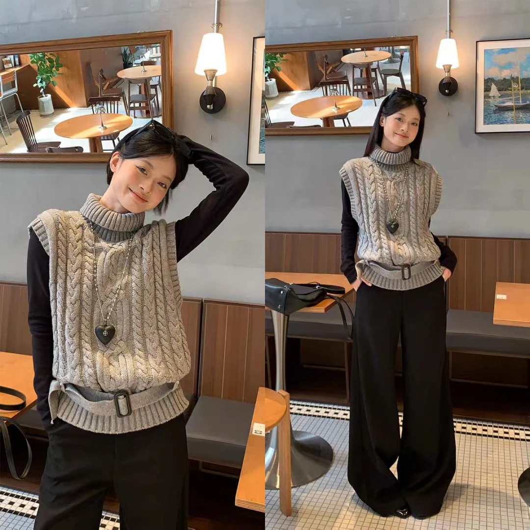高领针织叠穿马甲背心+双面绒内搭+黑色长裤三件套23391#
