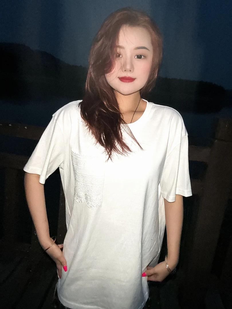 印花纯色蕾丝常规型T恤春夏口袋休闲风圆领短袖运动休闲宽松