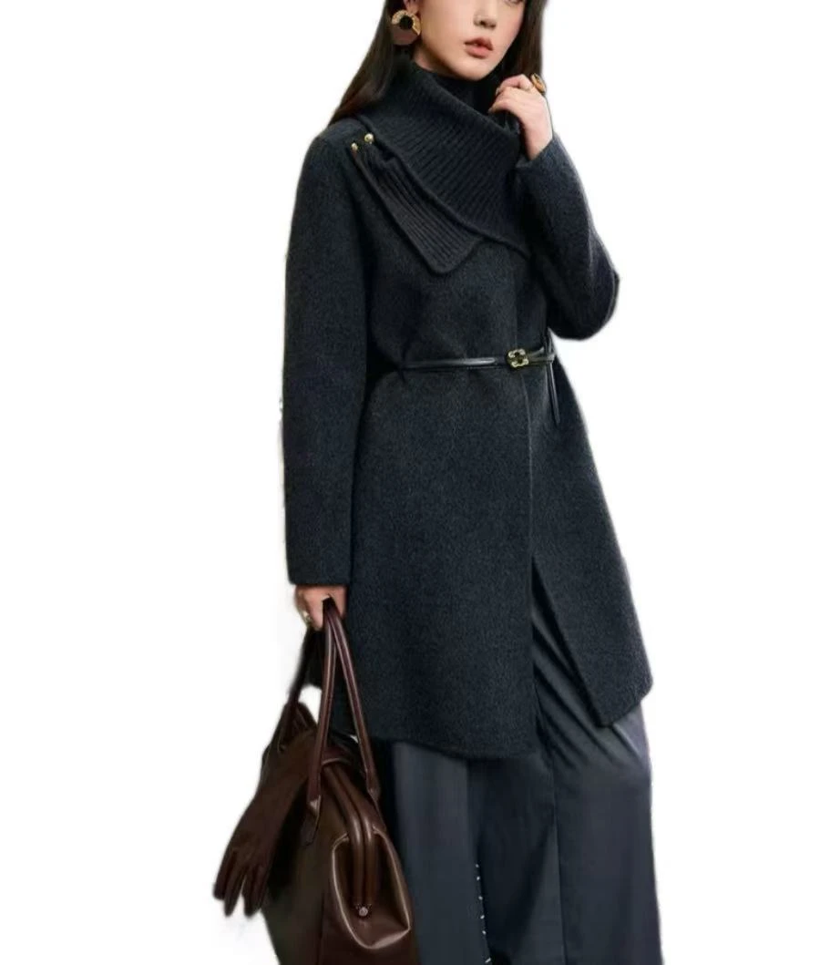 中长款围巾新潮风冬季双面外套静奢风大衣千金风