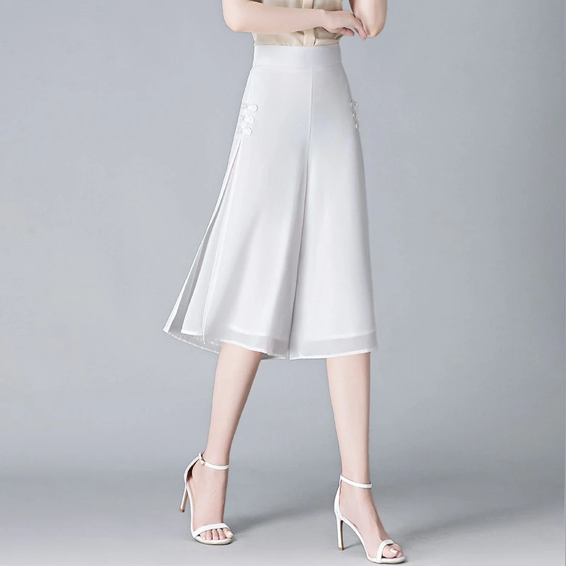 七分裤夏季薄款女小个子复古开叉高腰五分裙裤宽松雪纺白色阔腿裤