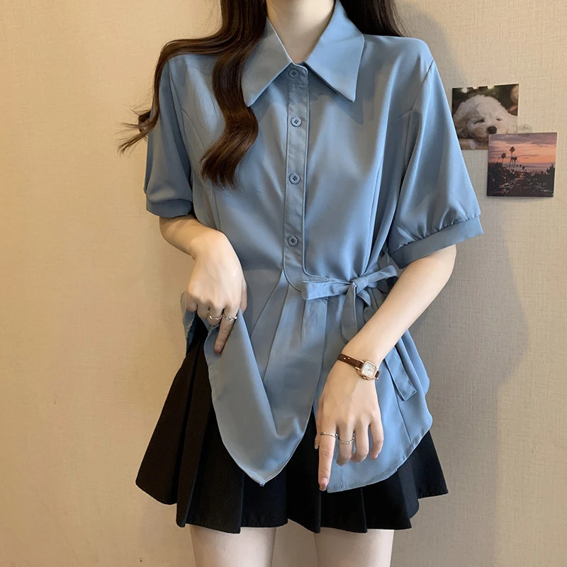 胖mm大码女装2025夏季新款收腰显瘦法式别致遮肚雪纺短袖衬衫上衣