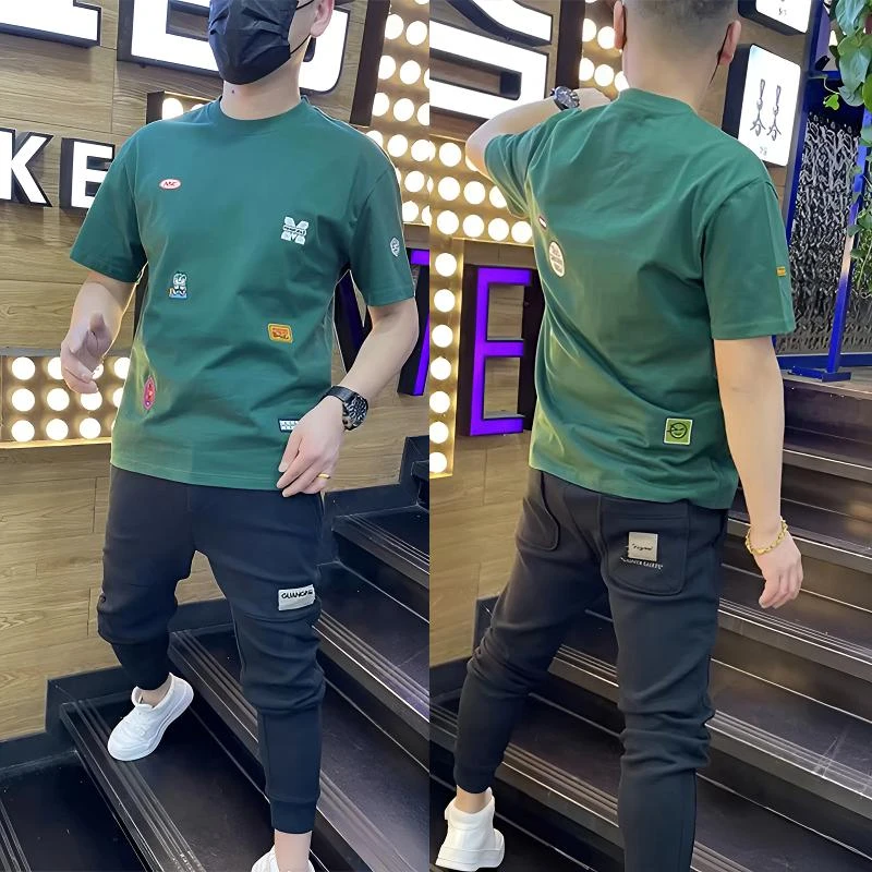 夏季个性帅气卡通印花纯棉短袖t恤男韩版修身百搭休闲圆领半袖衫