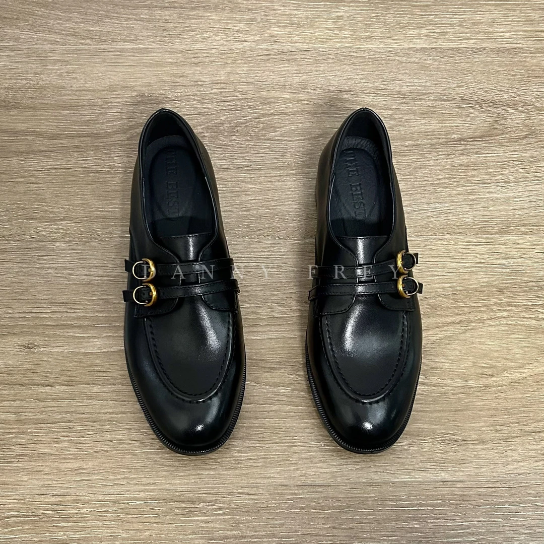 Dannyfrey秋冬爆款经典双扣乐福鞋一脚蹬金扣通勤小皮鞋3.3CM