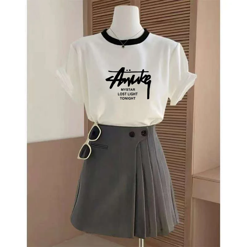 2025新款正肩撞色短袖t恤女小众设计感时尚洋气体恤上衣薄款夏季