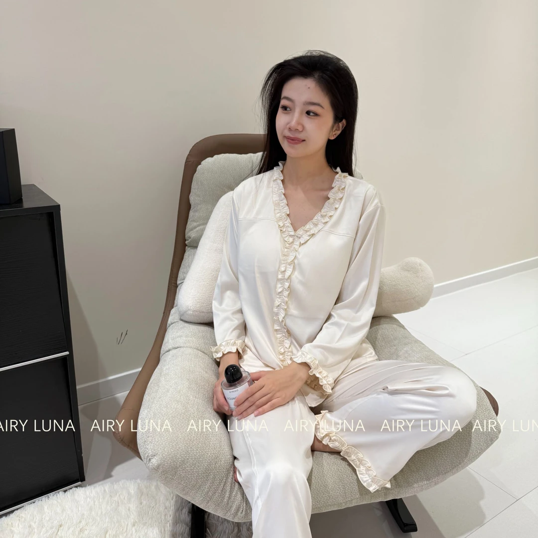[一眼心动]女带胸垫长袖长裤花边秋款睡衣