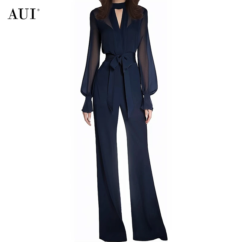 【七语专属】AUI藏青色高级感泡泡袖V领上衣微喇裤套装-20240186