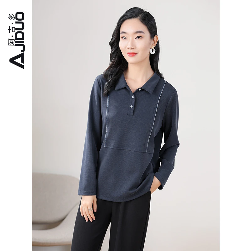 阿吉多长袖t恤2025新款女春秋雾霾蓝弹力舒适翻领正肩宽松上衣
