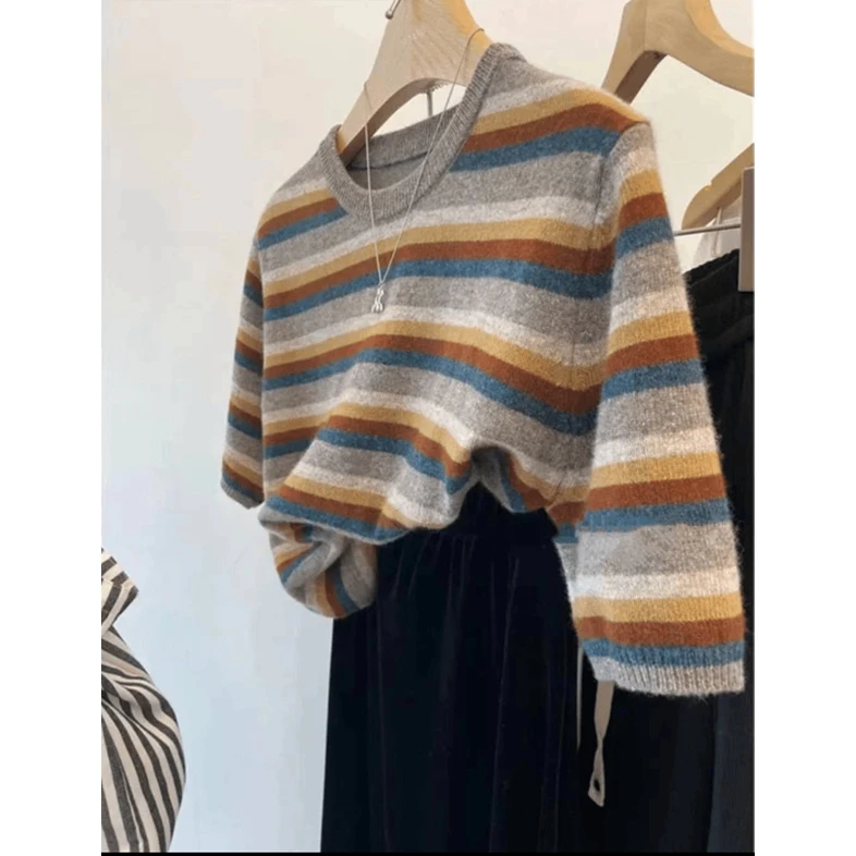 /彩虹条短袖/ 条纹撞色休闲早秋薄针织短袖衫 CM09