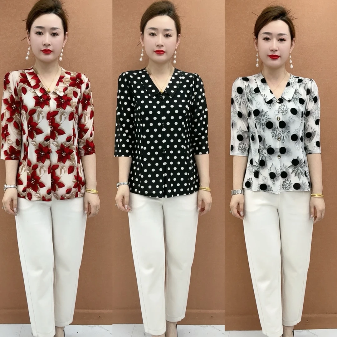 夏季新款衬衫领休闲风中袖速干T恤休闲显瘦减龄中老年妈妈上衣女