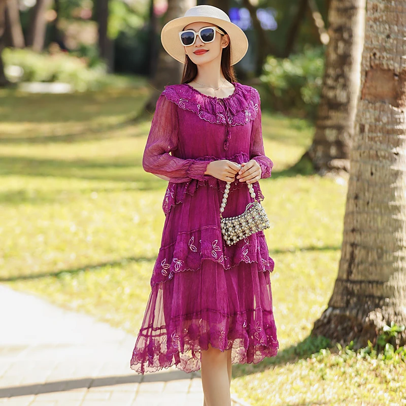 拜占庭的森林盘花真丝裙轻奢高贵上档次长款气质女士桑蚕丝连衣裙