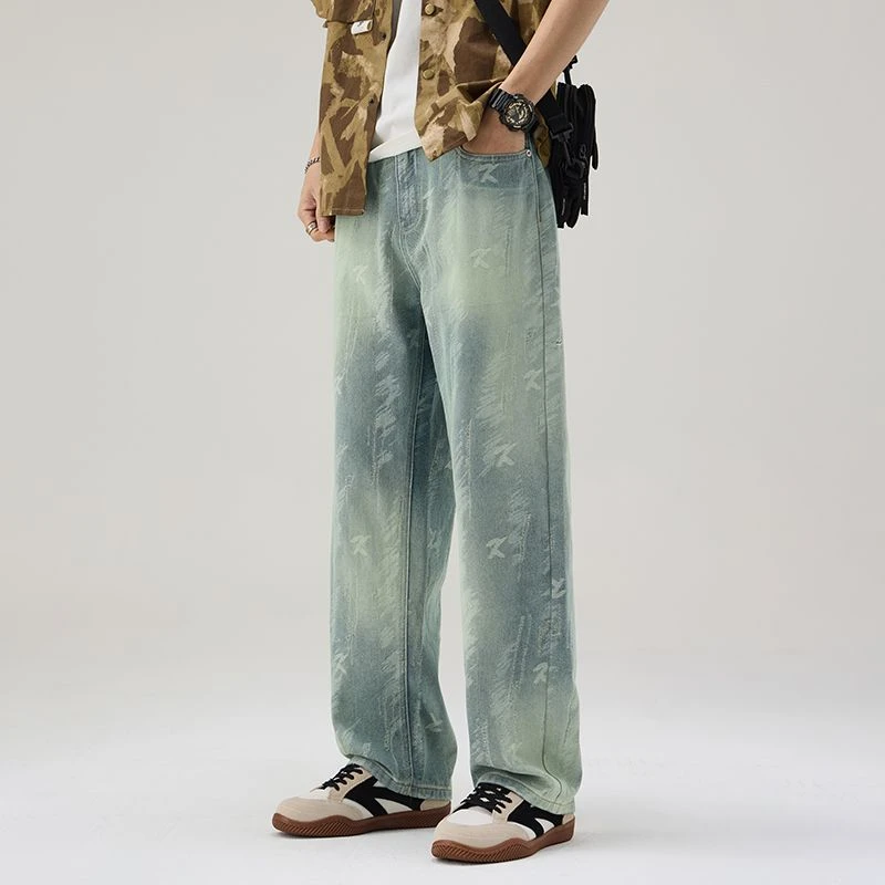 夏季薄款美式复古水洗提花渐变做旧牛仔裤男宽松直筒休闲长裤裤子