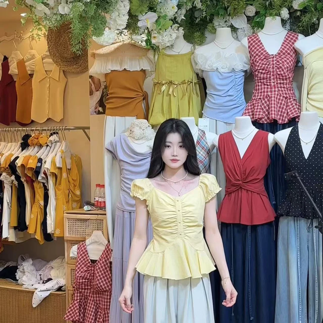 十三行韩货~荷叶边衬衫女夏季小个子v领娃娃衫修身气质褶皱上衣潮