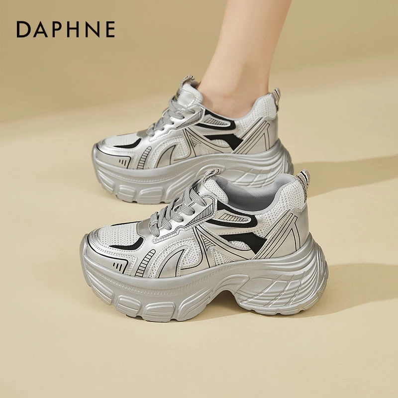 Daphne/达芙妮银色透气网鞋女百搭老爹鞋厚底系带时尚休闲运动鞋