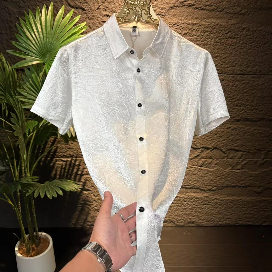 【轻奢】100醋酸大理石纹理夏季亲肤修身衬衣短袖休闲衬衫上衣白色