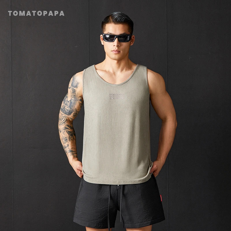 TOMATOPAPA运动背心2025年夏男透气健身美式休闲圆领无袖体恤坎肩