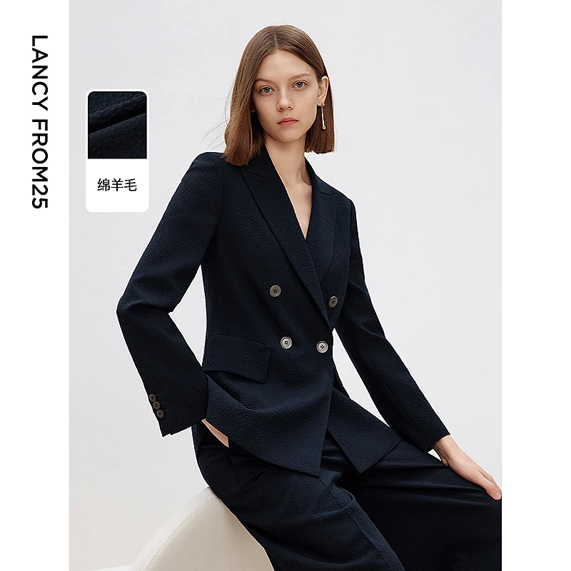 朗姿羊毛西服2025年春季新款西装外套休闲双排扣高级感职业欧若风