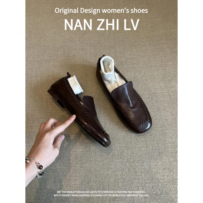 羊皮版！2025新款复古风方头平底单鞋编织一脚蹬乐福鞋豆豆鞋瓢鞋