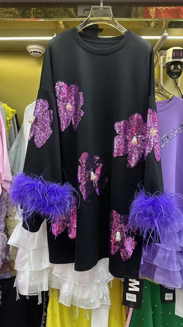 刘媛媛潮牌 实拍M新款亮片羽毛宽松大版显瘦宽松时尚短袖连衣裙