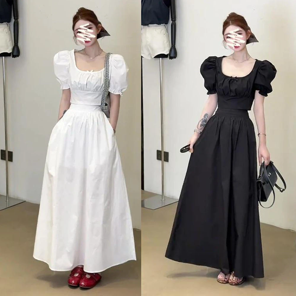 2025夏季新款女法式气质方口领泡泡袖修身上衣百搭高腰显瘦半身裙