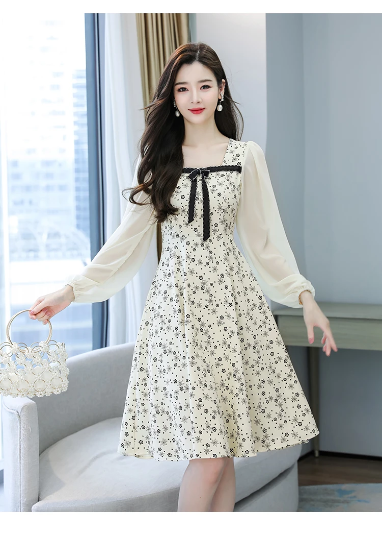法式V领碎花连衣裙气质长袖收腰显瘦a字大摆长裙子5856