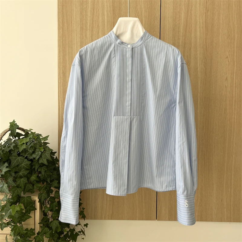 JIL竖条纹褶皱半开襟小立领套头衬衣8338