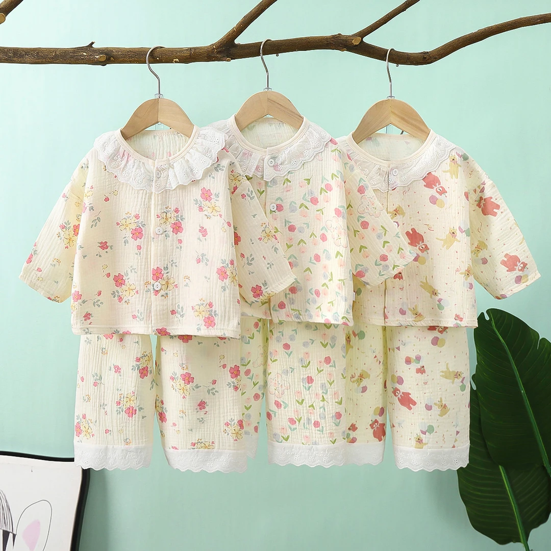 儿童睡衣夏季薄款透气棉家居女童宝宝棉韩版空调服花边棉纱套装