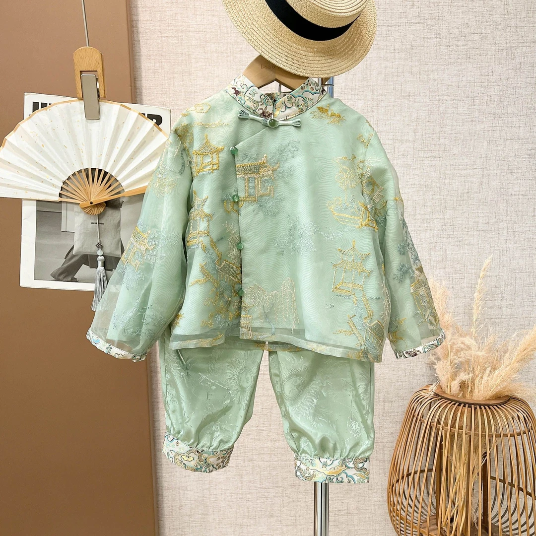 啵小爸【糯糯清衫】2025春秋季男童新中式刺绣上衣套装