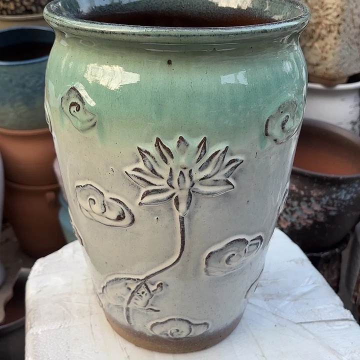 紫砂茶碗白绿泼墨20*30