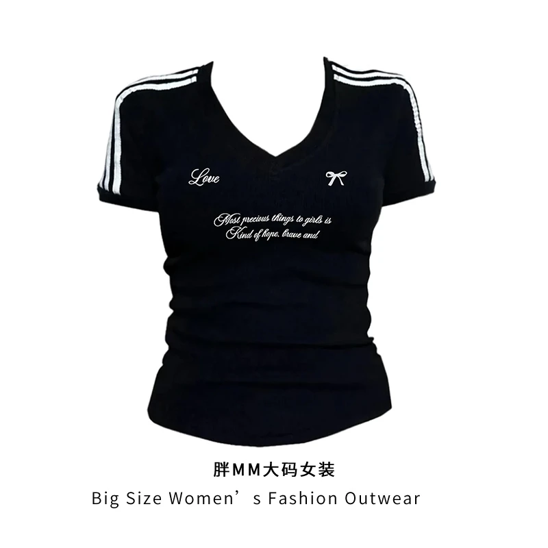 微胖MM大码女装美式V领撞色拼接短袖印花辣妹修身显瘦正肩上衣女