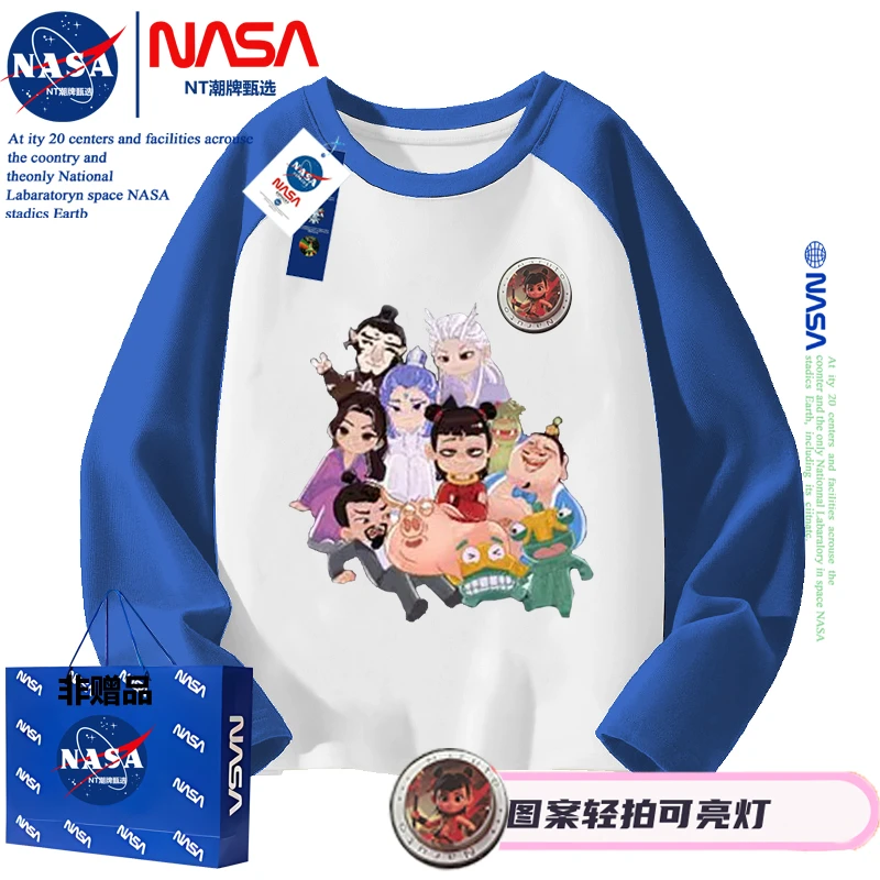 哪吒之魔童闹海拍灯亮长袖T恤中大童纯棉2025春秋插肩男女童装潮c