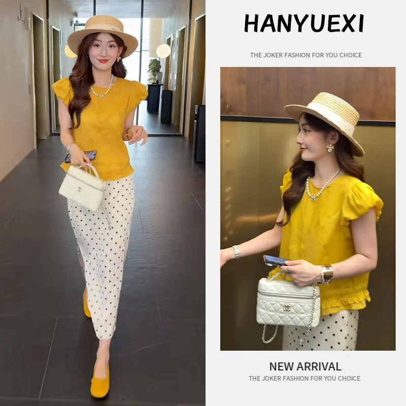 【现货】夏季温柔系穿搭女2025新款泡泡袖短袖衬衫高腰波点半身裙