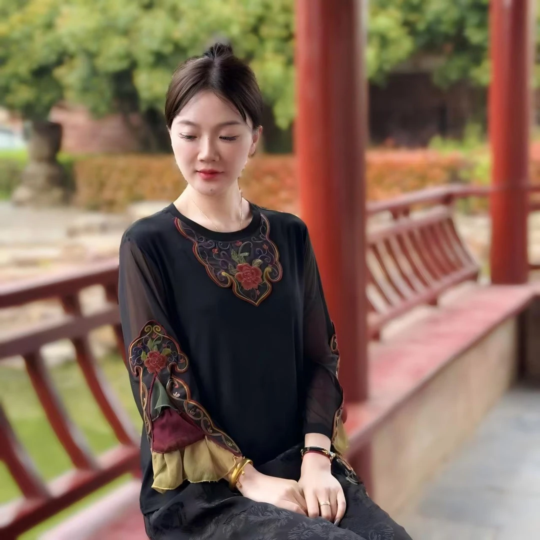【艺美】(云为衫)夏季款民族风原创如意刺绣复古长袖打底衫体恤